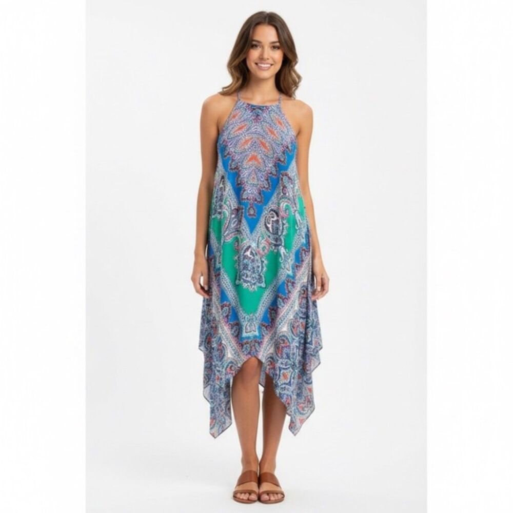 Y2K MSK Colorful Paisley Festival Hanky Hem Halter Fairycore Whimsy Dress Sz.12